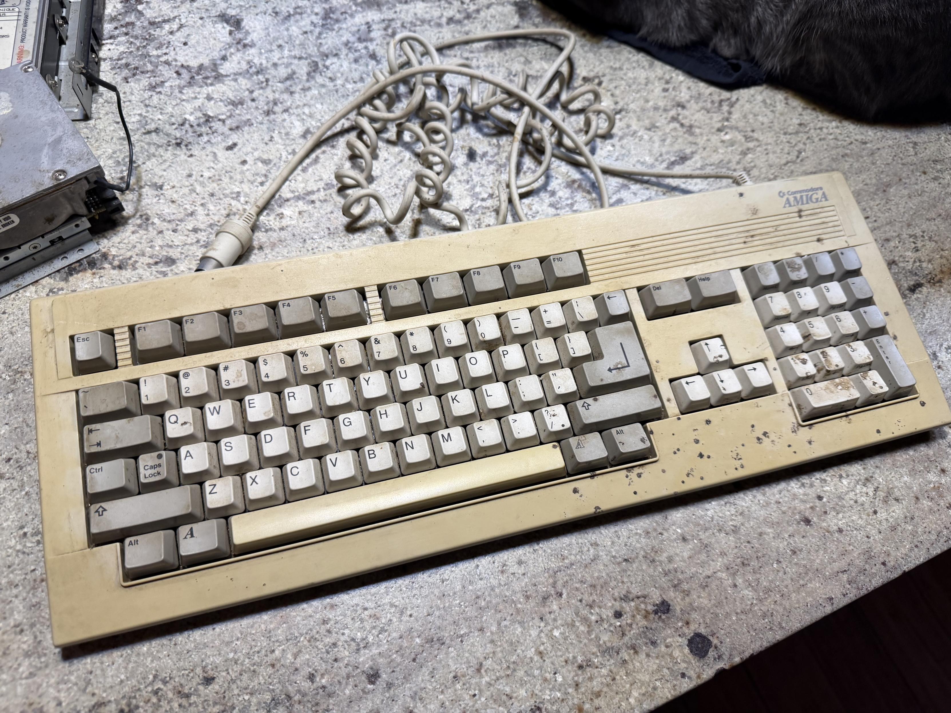 A top down view of an Amiga 3000T keyboard sitting on a granite countertop. The overall case and spacebar are rather typically yellowed with age. The entire keyboard is covered in a layer of age old dust with the right third being exceedingly stained with dark black spots... probably stink bug poop stains. Yay.